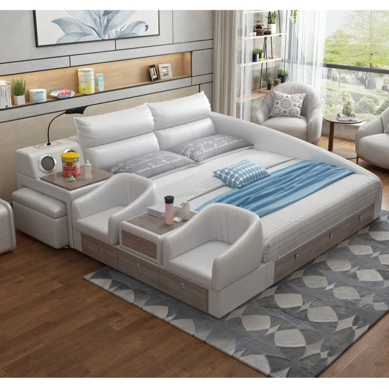 Modern Multifunctional Genuine Leather Platform Bed Frame, King Size Upholstered Family Bed with Integrated Baby Crib, Drawers by FLIPSTYLEZLLC