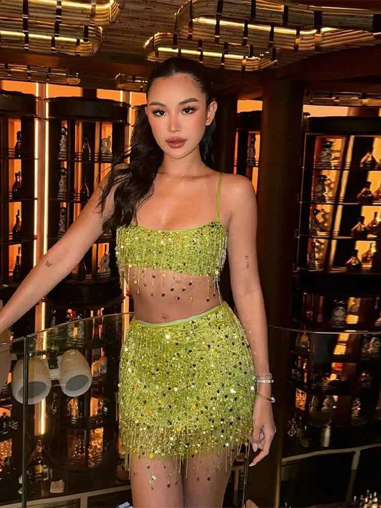 Sexy Tassel Chains Women's Set Elegant Solid Sequins Hip Package Female Party Mini Skirts Summer Holiday Lady Outfit Beachwear