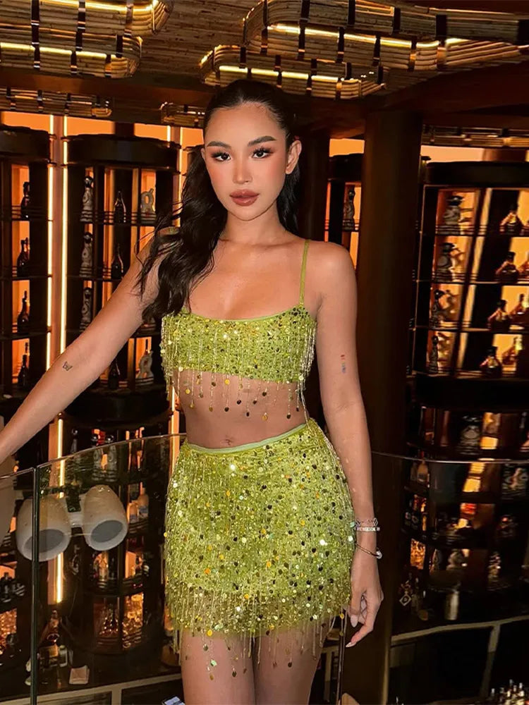 Sexy Tassel Chains Women's Set Elegant Solid Sequins Hip Package Female Party Mini Skirts Summer Holiday Lady Outfit Beachwear by Urban Fashion Icon