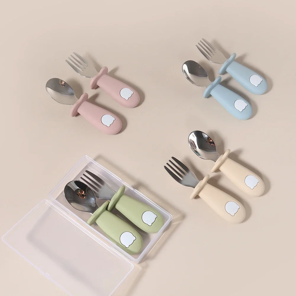 Custom Name Baby Panda Spoon Fork Set | First Self Feeding Utensils for Toddlers Stainless Steel Weaning Set with Travel Case by FLIPSTYLEZLLC