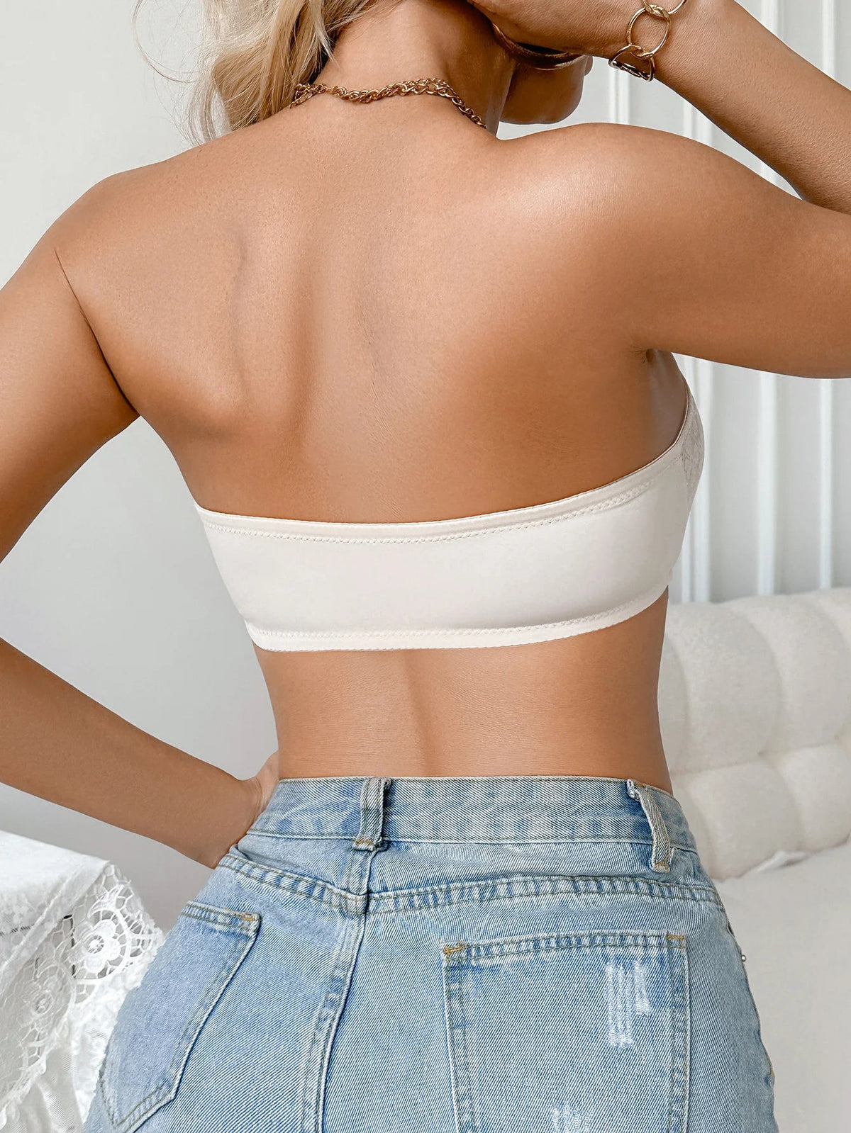 Elegant Beige Lace Textured Strapless Bra Front Closure Push Up Unlined Bandeau for Evening Dresses by Ladyez