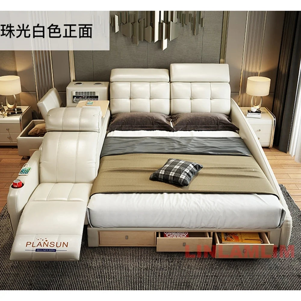 Ultimate Tech Smart Genuine Leather Bed with Massage Chair, Speaker, Air Purifier & USB – Luxury Multifunctional Platform Bed by FLIPSTYLEZLLC