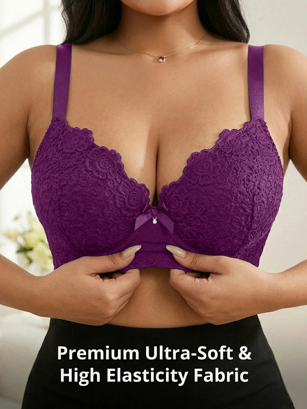 Plus Size Floral Lace Women Push-Up Bra Underwire Support Anti-Sagging Underwear Comfy Wide Straps Thin Cup Daily Lingerie Bra by Ladyez