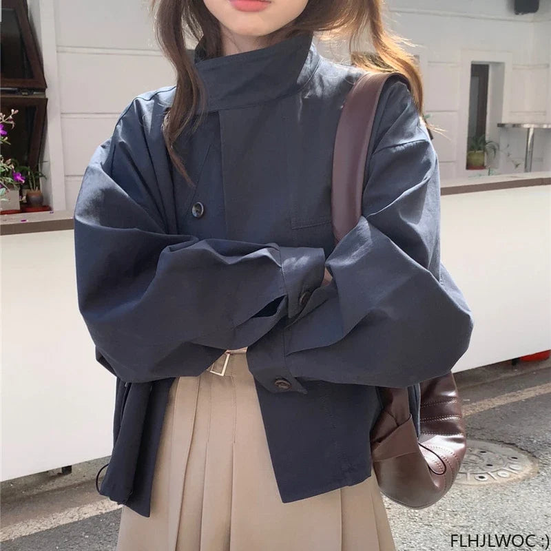 Korea Short Outerwear Woman Casual Loose Lazy Chic Long Sleeve Cotton Blends Windbreaker Coats Thin Thench by Urban Fashion Icon