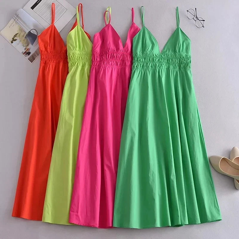 Foridol Elastic Smocking Green Cotton V Neck Summer Women's Dress Sleevless Long Green Maxi Casual Strapy Dress Solid Female by Ladyez