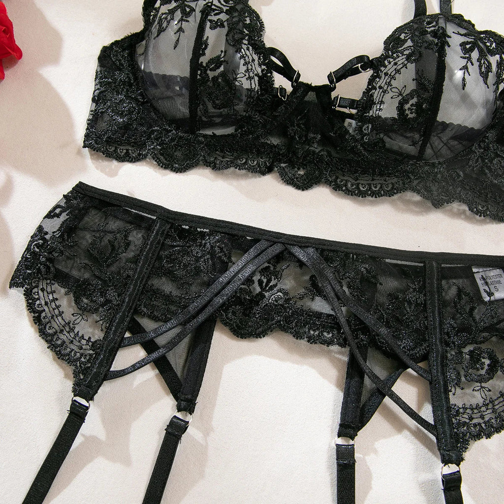 Embroidery Lingerie 3Pcs Sets Ultrathin Mesh Patchwork See Through Bras And Thongs Garter Suits Erotic Intimate Sexy Underwear by Ladyez