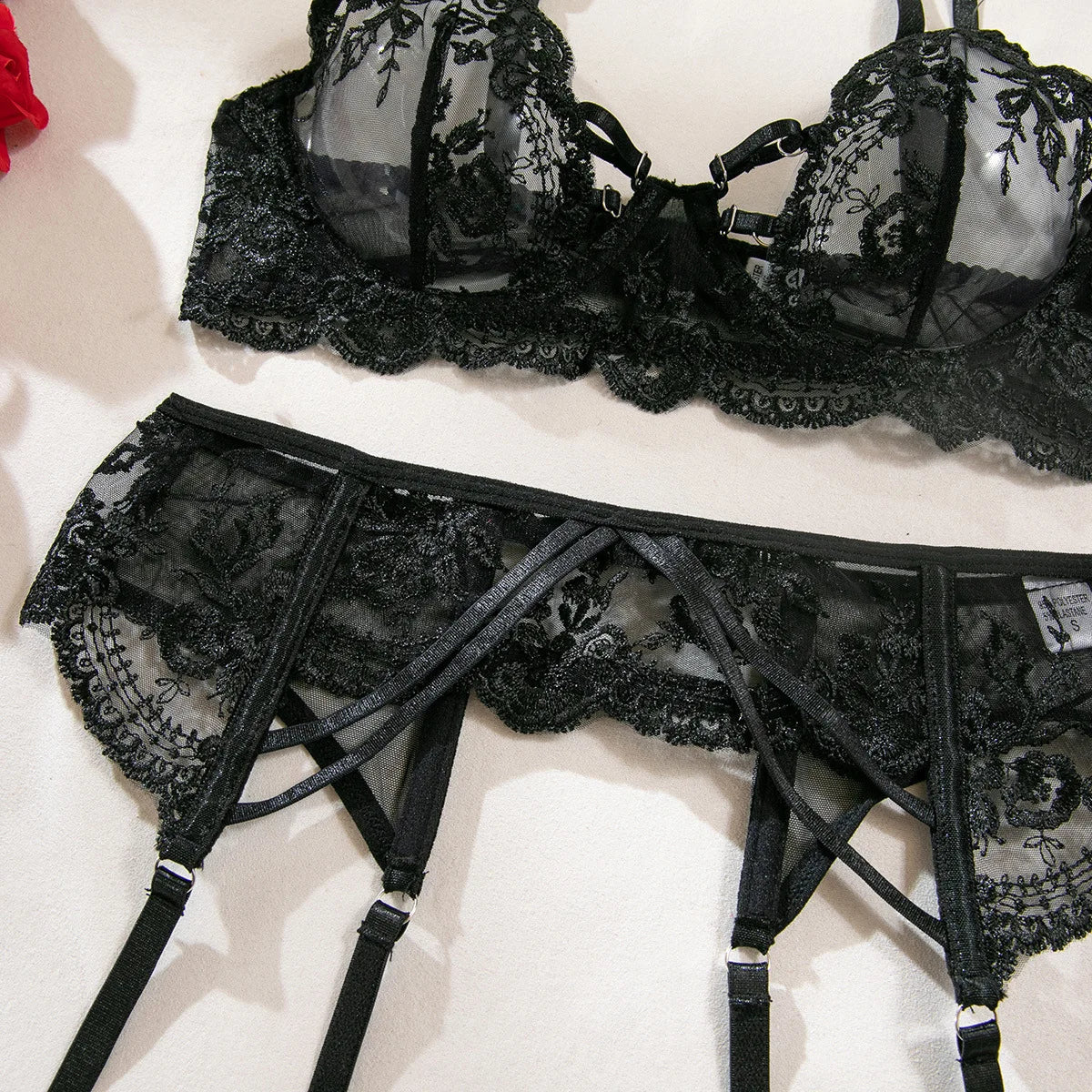 Embroidery Lingerie 3Pcs Sets Ultrathin Mesh Patchwork See Through Bras And Thongs Garter Suits Erotic Intimate Sexy Underwear by Ladyez