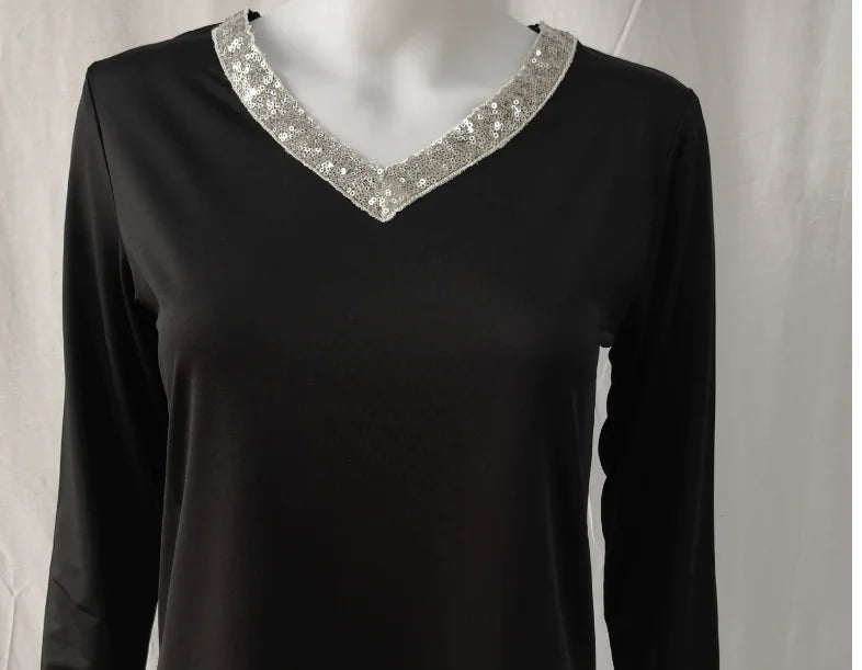 Plus Size Women's Sequin Long Sleeve V Neck T-shirt by Trendy Attic Store01