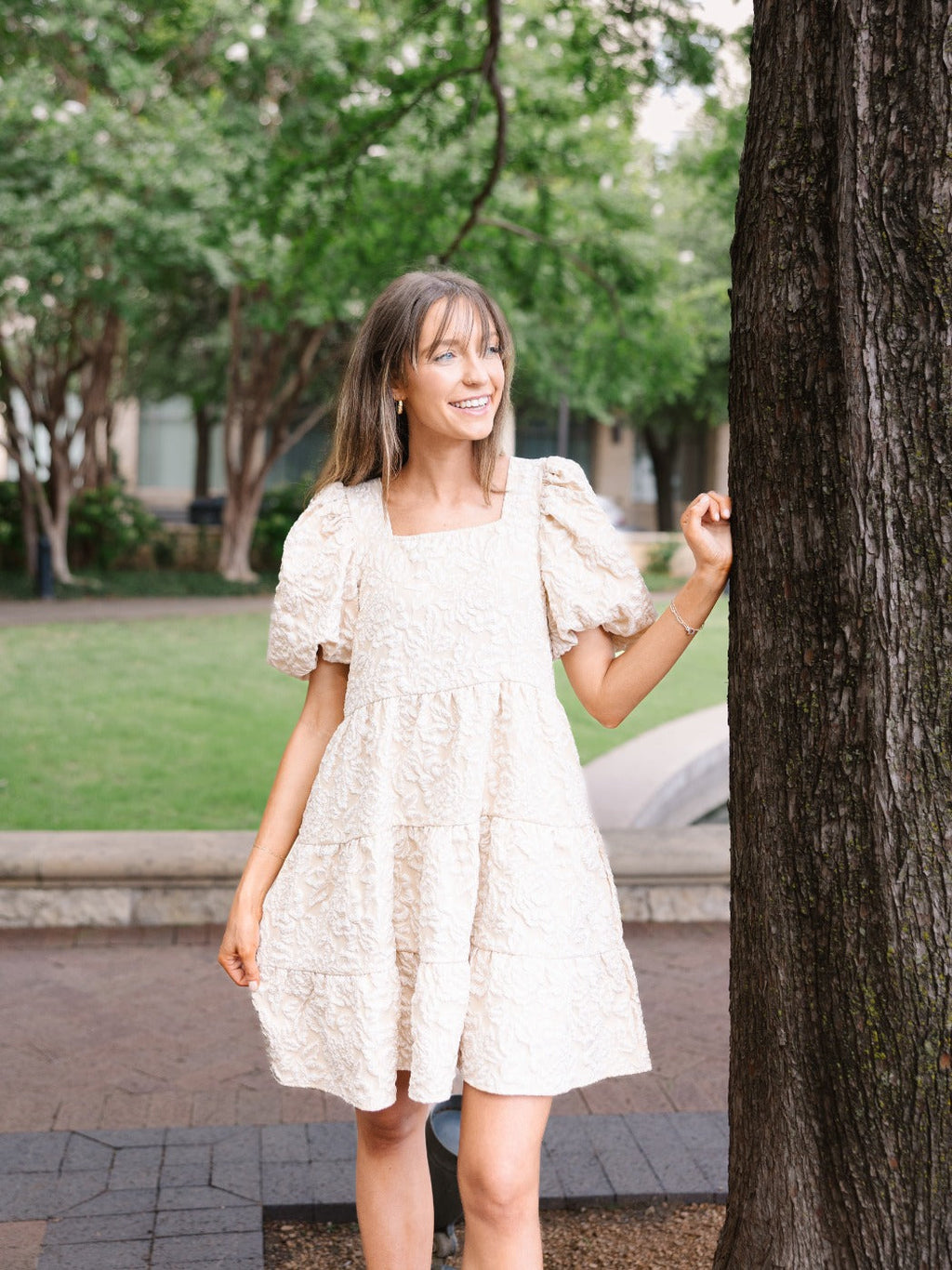 Dolly Doll Jacquard Dress, Beige by Grace+Emma