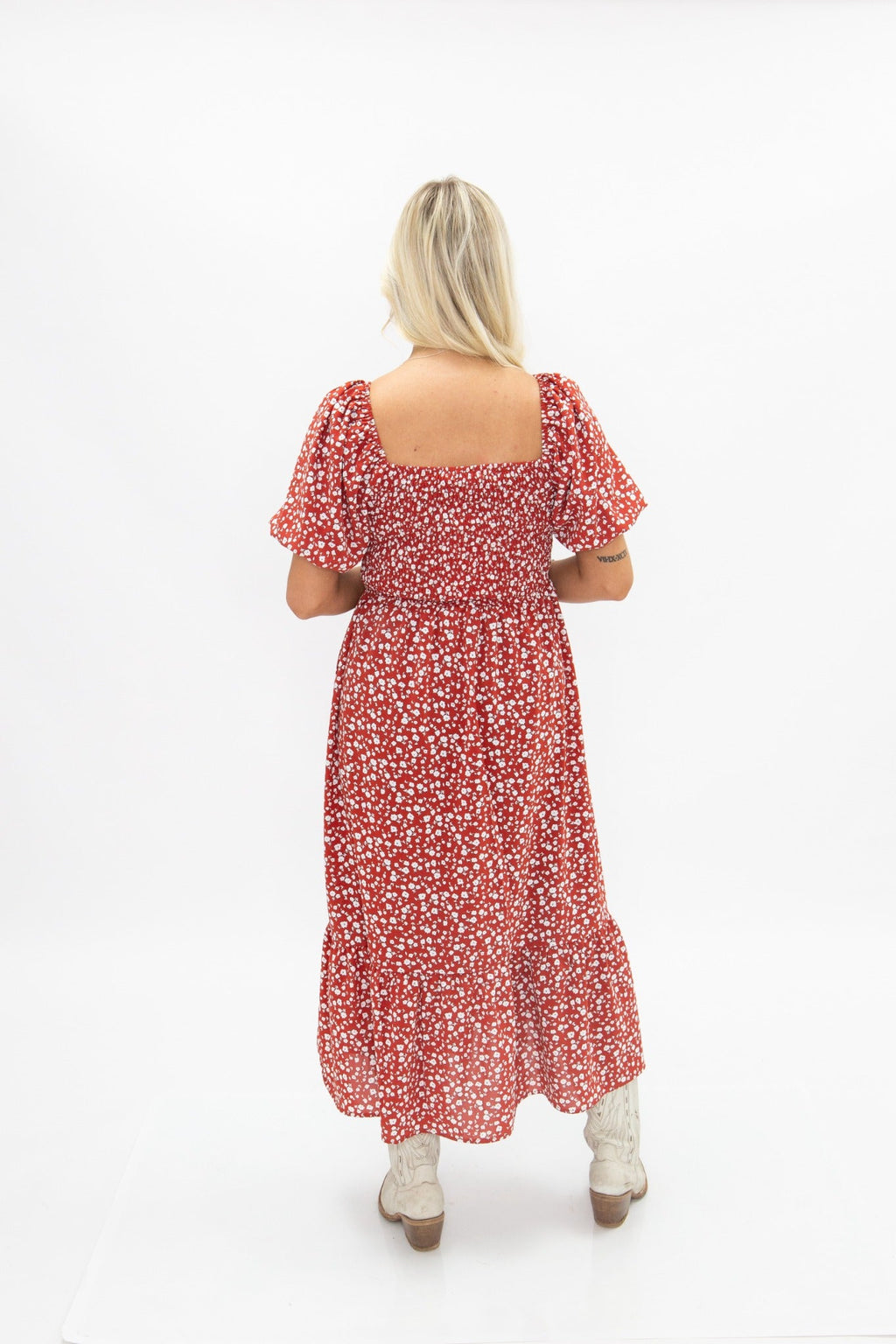 Puff Sleeve Midi Dress, Red Floral by Grace+Emma