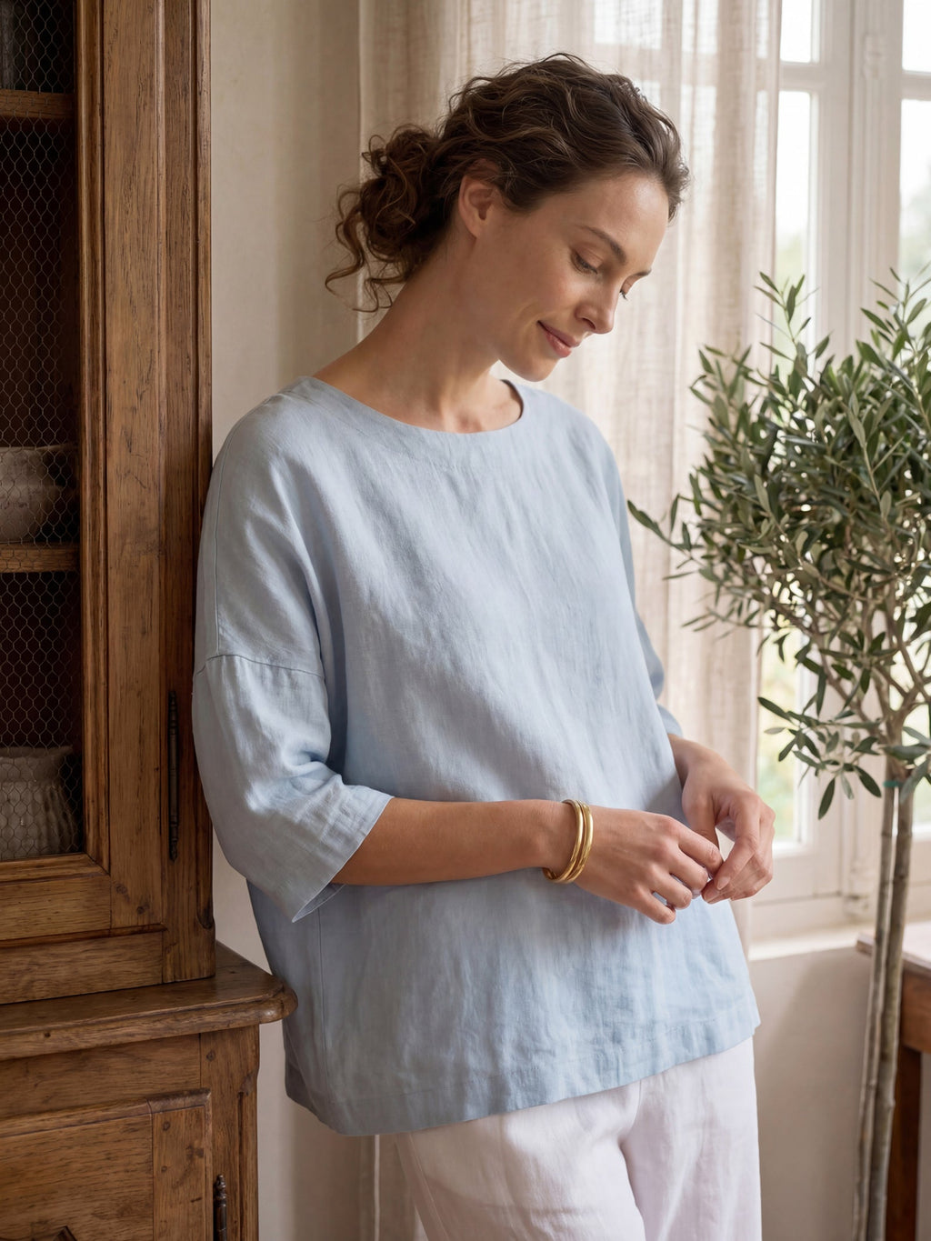 100% Linen Boatneck 3/4 Length Sleeve Top AURORA by LINTICO