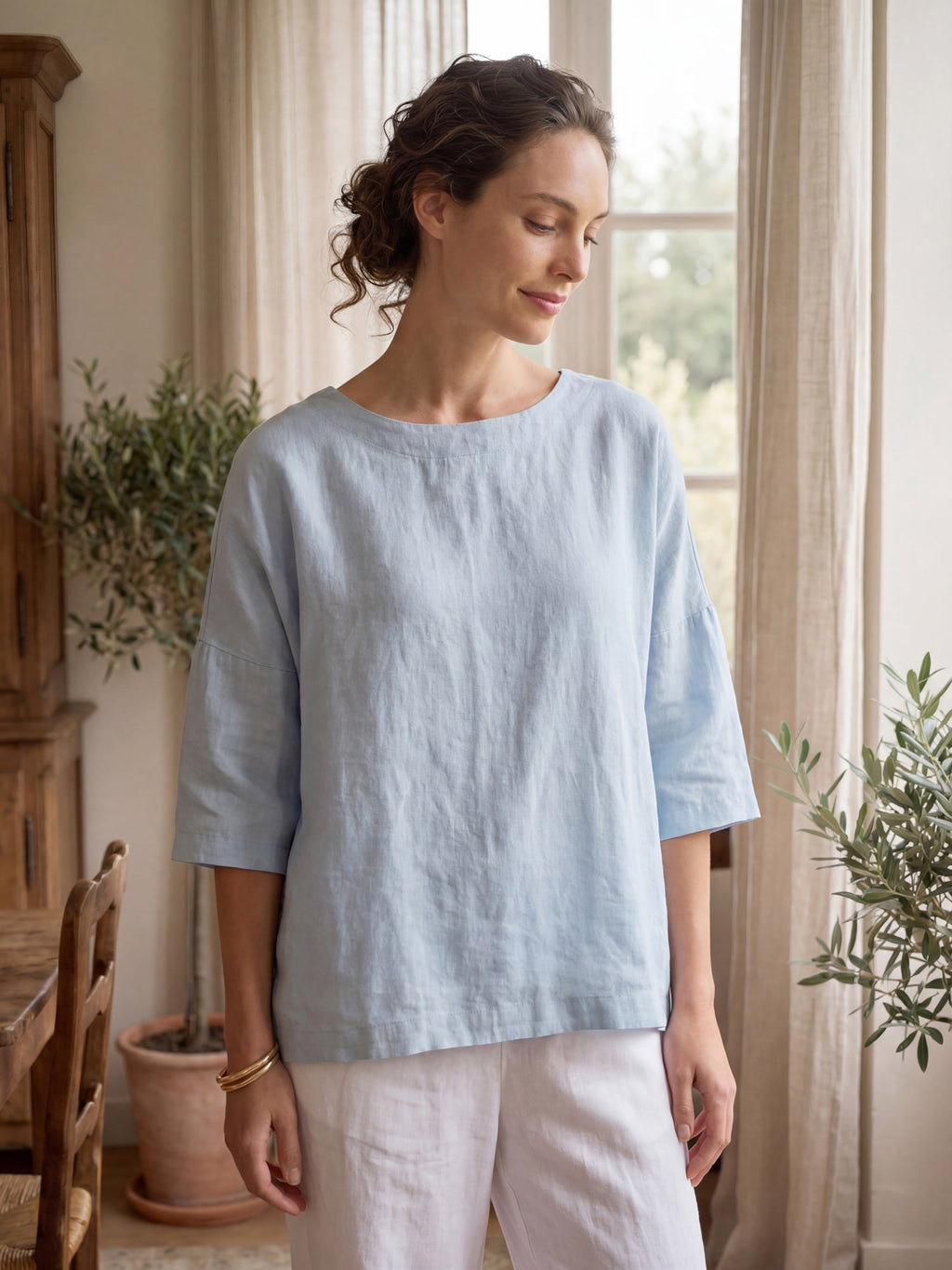 100% Linen Boatneck 3/4 Length Sleeve Top AURORA by LINTICO