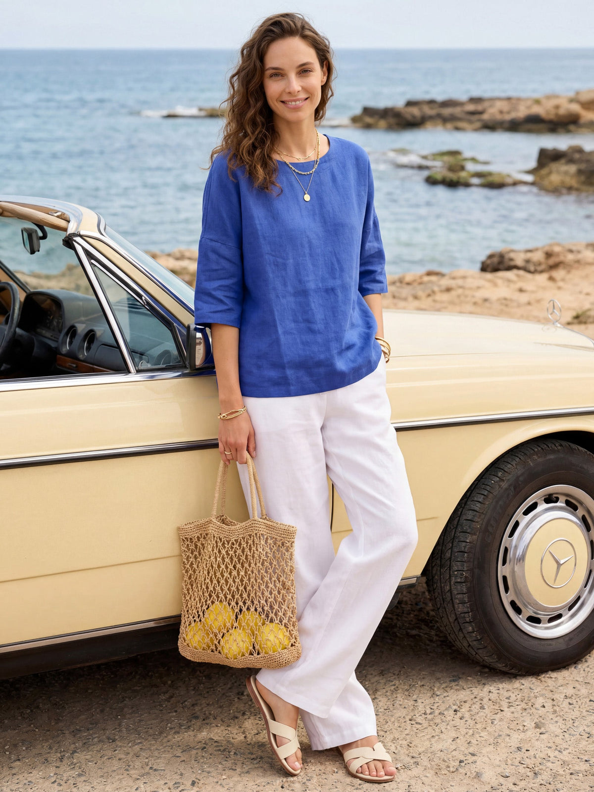 100% Linen Boatneck 3/4 Length Sleeve Top AURORA by LINTICO