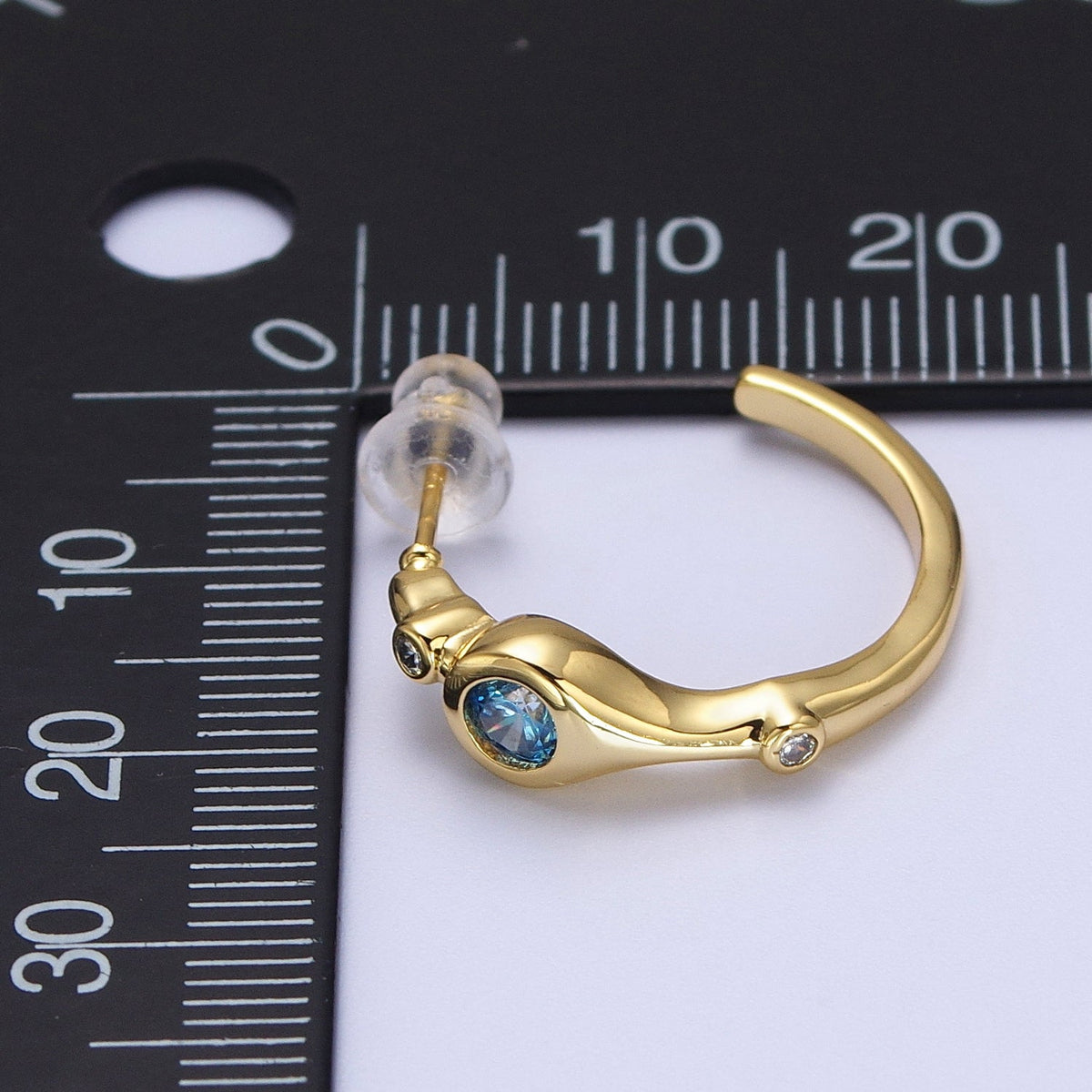 Gold Blue CZ Round Geometric 20mm C-Shaped Hoops Earrings | AD199 by DLUXCA