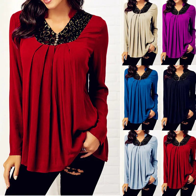 Printed V-neck Long Sleeve Lace Top. by Trendy Attic Store01