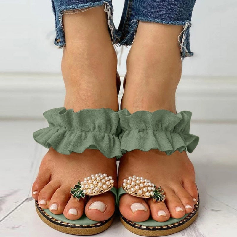 Pineapple Pearl Beach Slides Flat Toe Casual Womens Slippers by Silver Juneberry