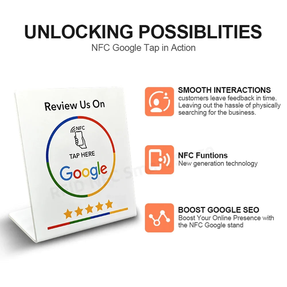 NFC 13.56Mhz programmable Google Review Card Station Table Tap Card NFC215 Chip 504Bytes RFID NFC Google Review stand display by FLIPSTYLEZLLC