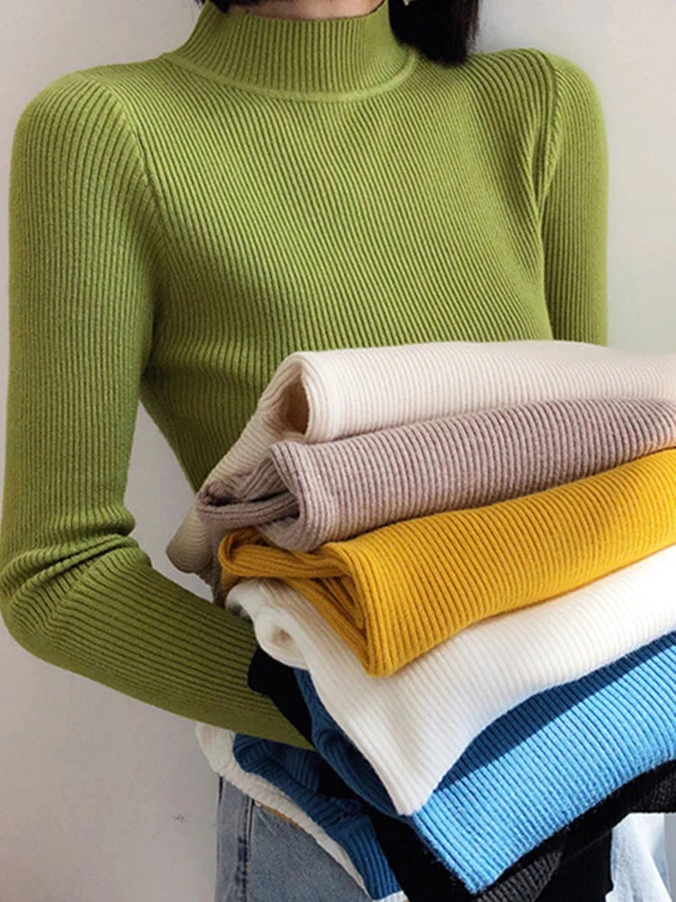Autumn Winter Mock Neck Women Sweater Vintage Basic Solid Knitted Tops Casual Slim Pullover Korean Sweaters Simple Chic Jumpers by Urban Fashion Icon