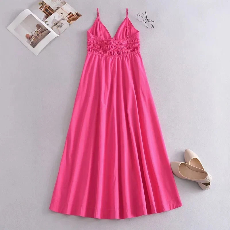 Foridol Elastic Smocking Green Cotton V Neck Summer Women's Dress Sleevless Long Green Maxi Casual Strapy Dress Solid Female by Ladyez