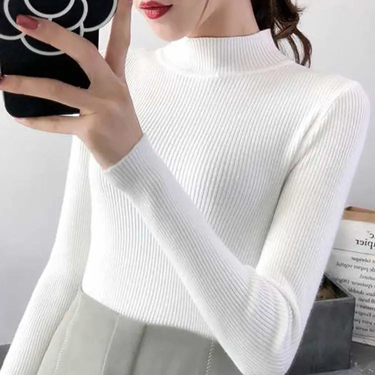 Autumn Winter Mock Neck Women Sweater Vintage Basic Solid Knitted Tops Casual Slim Pullover Korean Sweaters Simple Chic Jumpers by Urban Fashion Icon