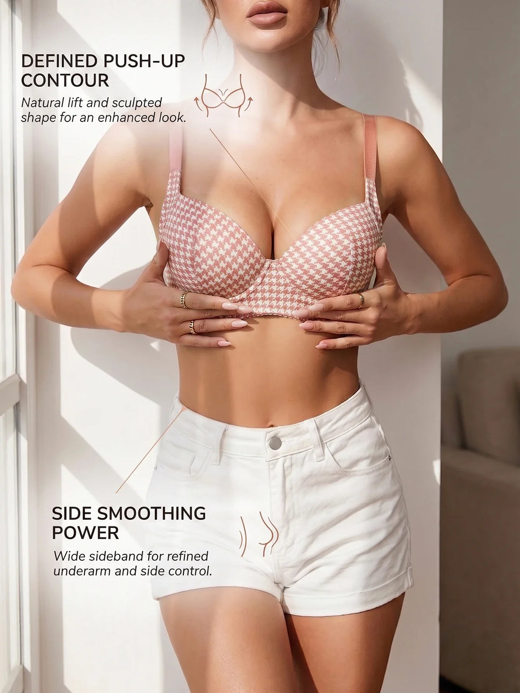 Women's Houndstooth Print Push-Up Bra Wide Elastic Straps Underwear Underwire Side Smoothing & Supportive Bra Women by Ladyez