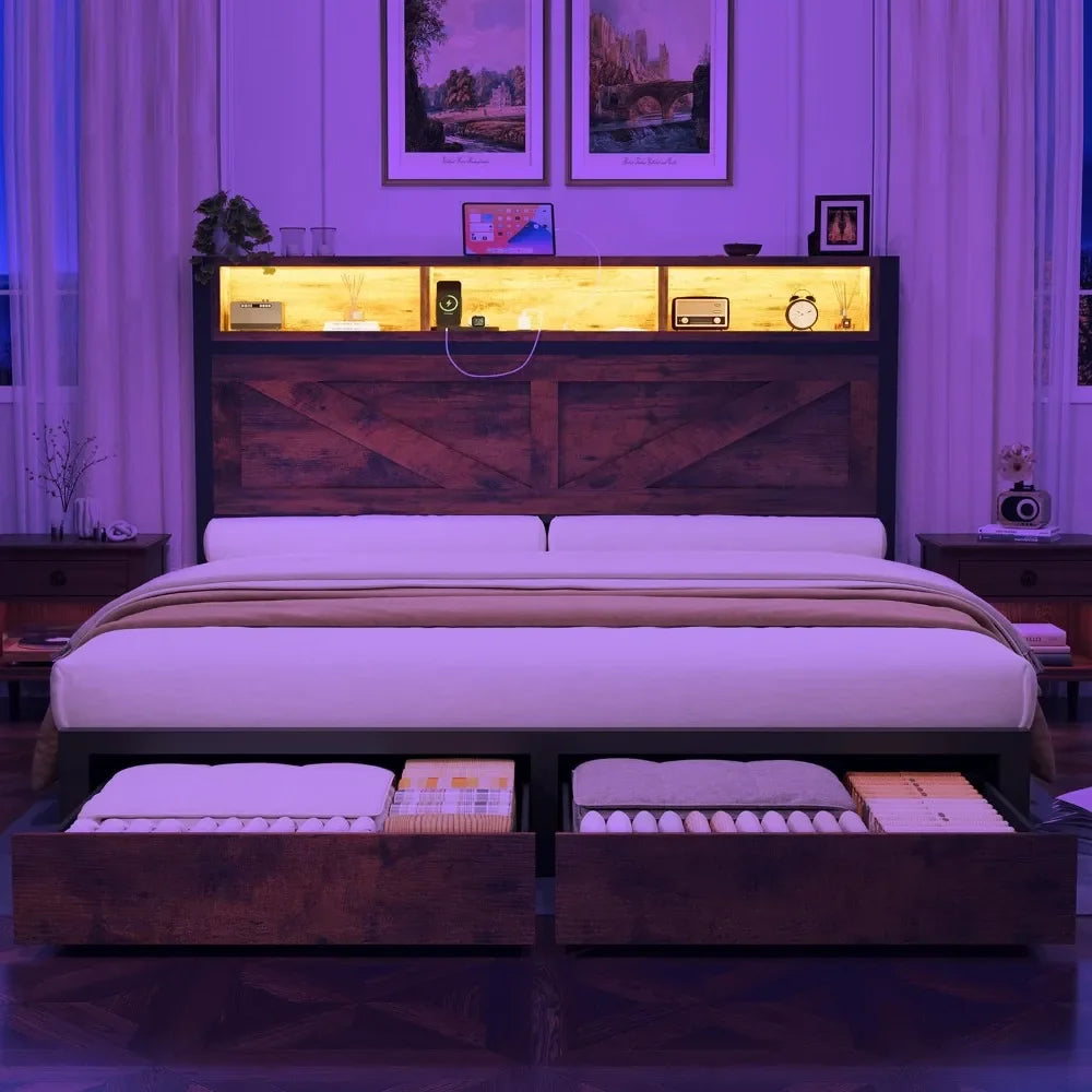 Farmhouse Queen Bed Frame & Bookcase Headboard,Charging Station & LED Light,2 Storage Drawers,Platform,Bedroom,Queen, Custom by FLIPSTYLEZLLC