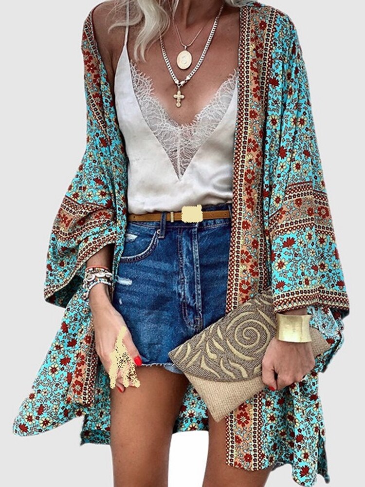 Cardigan Women Bohemian Floral Printed Blouse Open Front Loose Beach Tops Vintage Long Sleeve by nowadaysfashion
