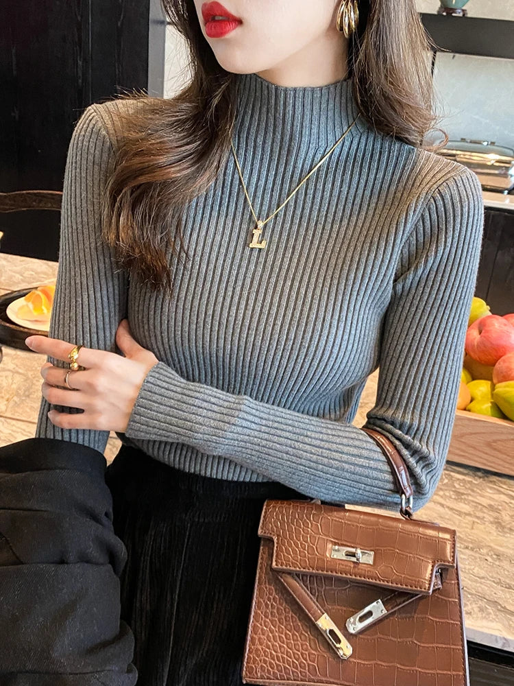 Elegant Solid Basic Knitted Tops Women Turtlneck Sweater Long Sleeve Casual Slim Pullover Korean Fashion Simple Chic Clothes by Urban Fashion Icon
