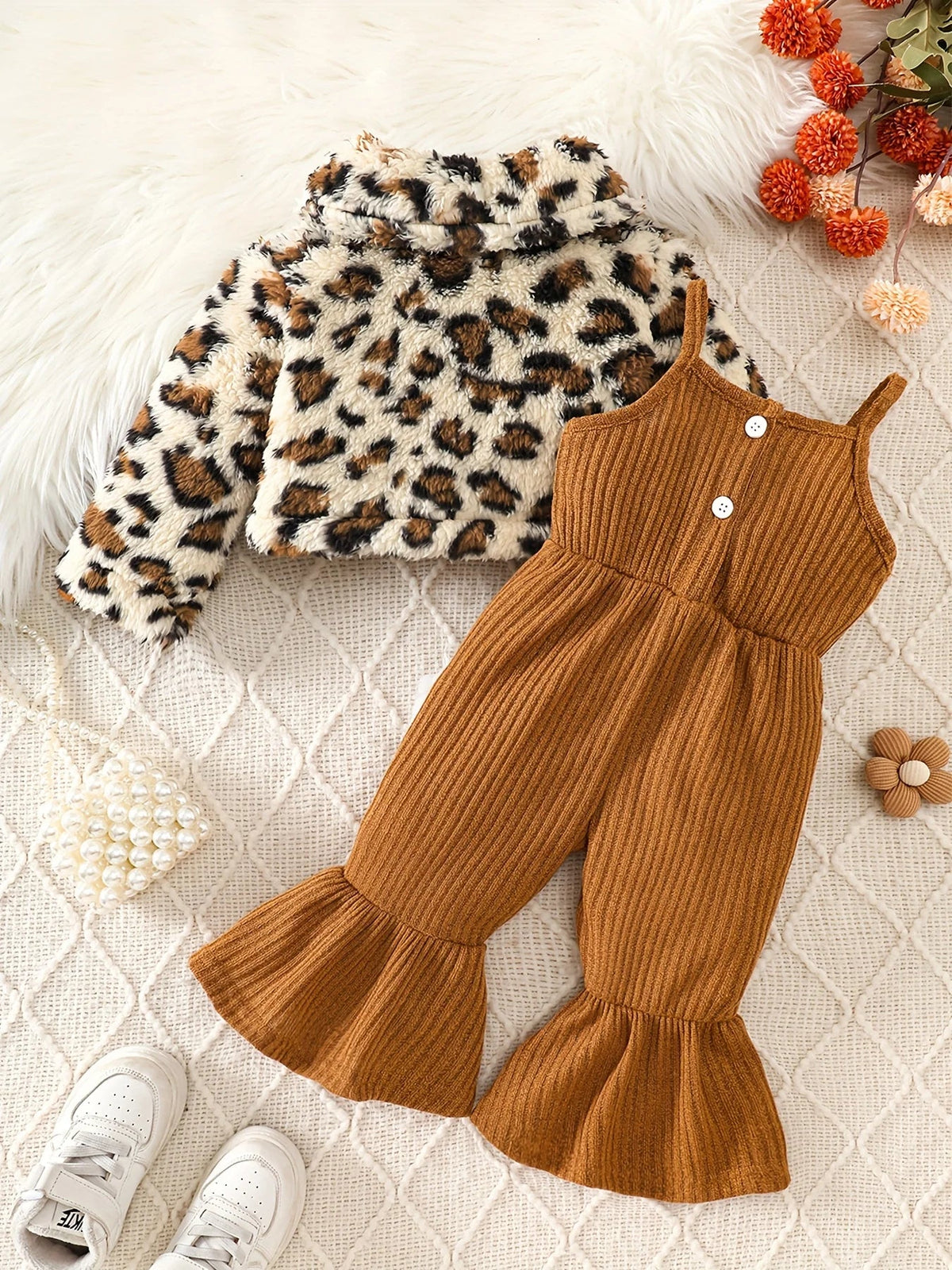 Toddler Baby Girl Leopard Faux Fur Jacket & Corduroy Flared Pants Set by FLIPSTYLEZLLC