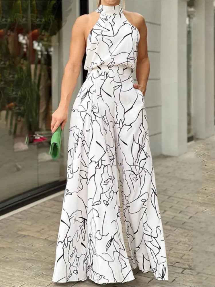 Elegant Printed Halter Neck Leace-Up Jumpsuit Women Sleeveless Fashion High Waist Wide Leg Jumpsuits Casual Streetwear New by Wild and Free Boutique