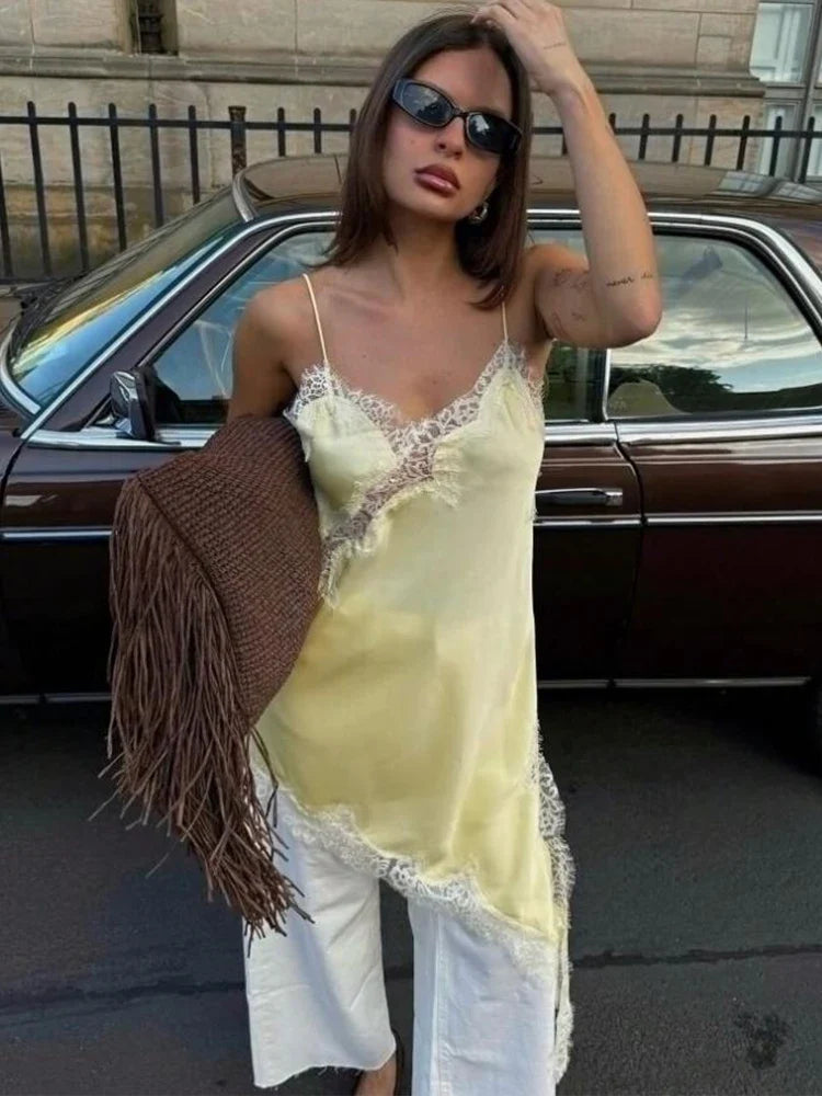 Satin Sexy Lace Spliced Short Sling Dress Women Sleeveless Backless Asymmetric Sexy Party Dresses 2026 Summer Lady Dress by Urban Fashion Icon