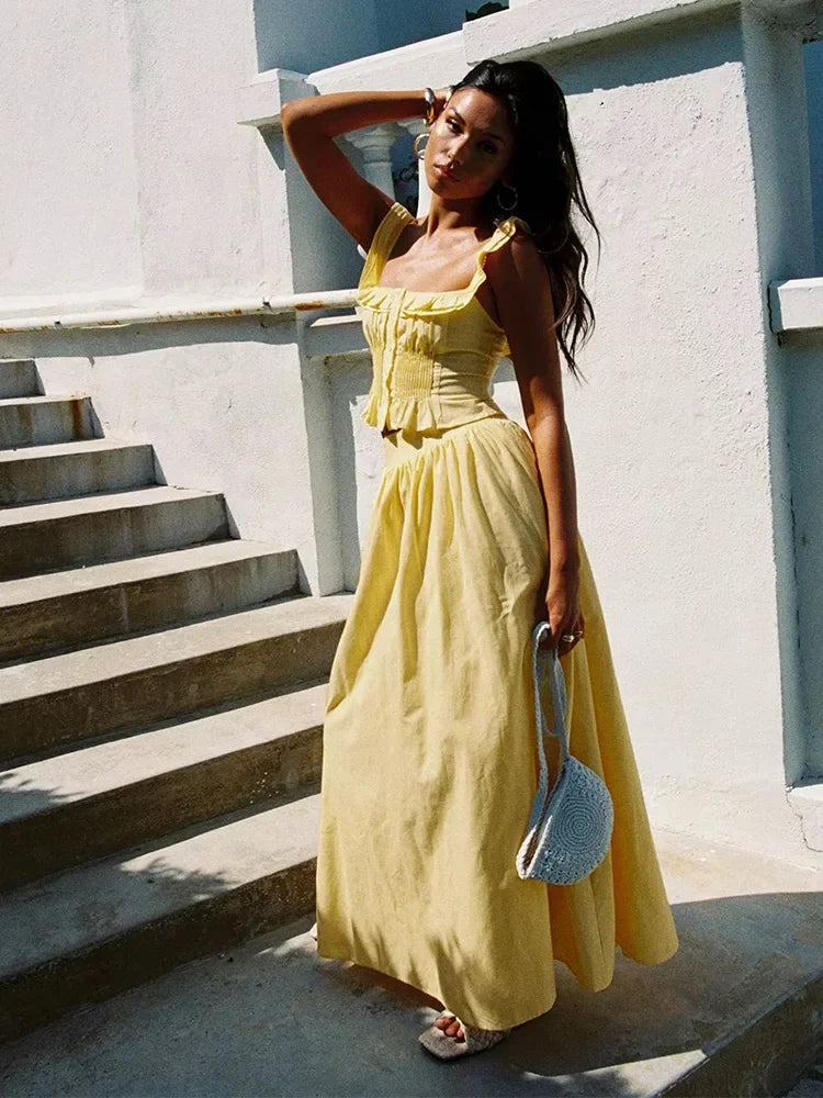 Summer Women White Cotton Dress Set 2025 Top+skirt 2 Pcs Outfit Ruffles Button Slim Top A-line Maxi Skirt Beach Casual Dress by Ladyez