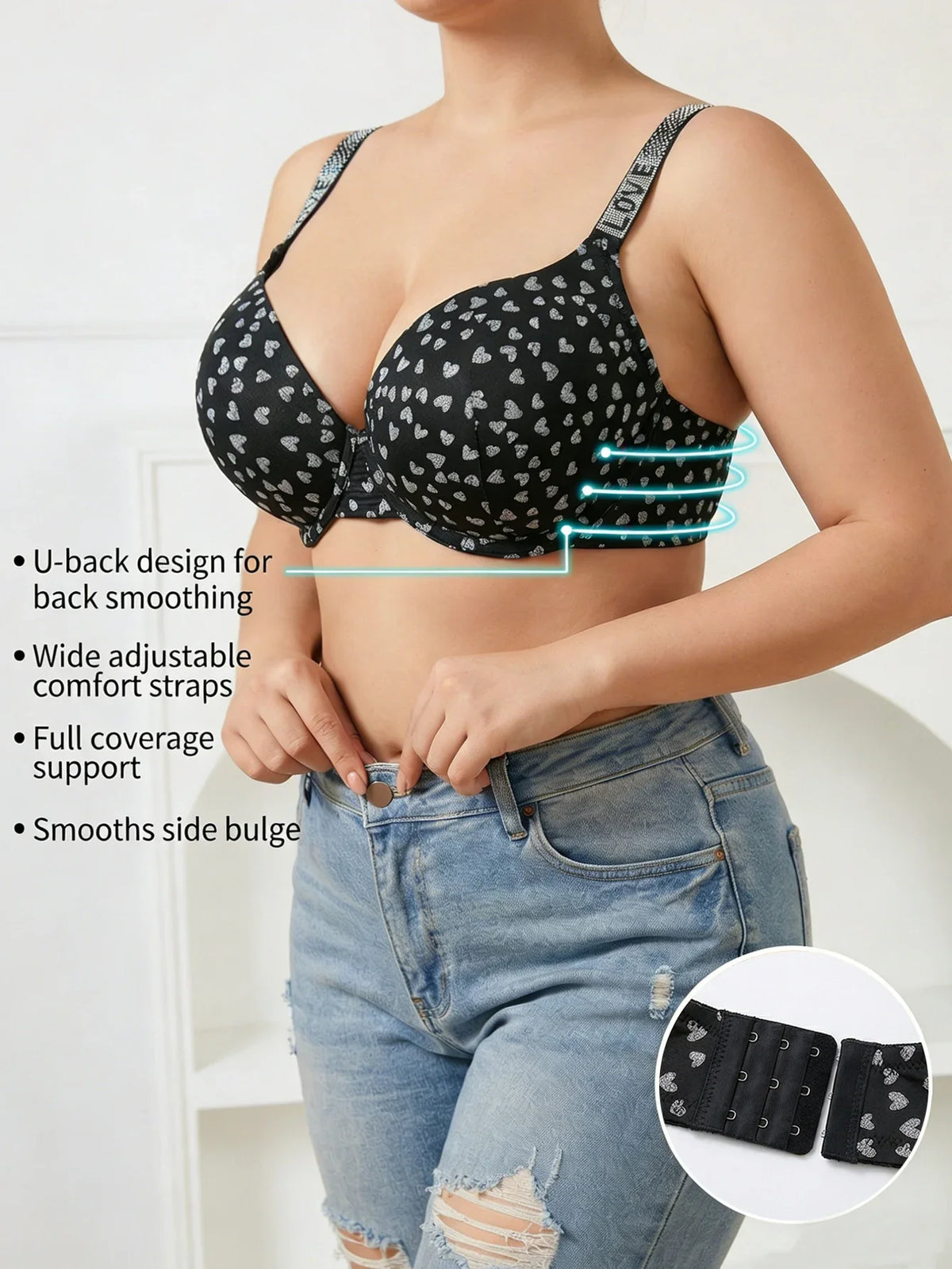 Plus Size B C D Thin Cup Women's Bra Wide Straps Push up Bra Stylish Heart & Rhinestone Comfy Side Bulge Control Underwire Bra by Ladyez