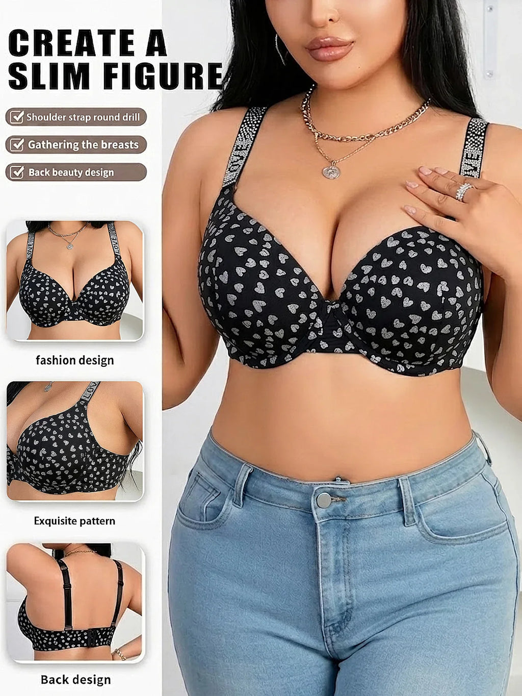 Plus Size B C D Thin Cup Women's Bra Wide Straps Push up Bra Stylish Heart & Rhinestone Comfy Side Bulge Control Underwire Bra by Ladyez