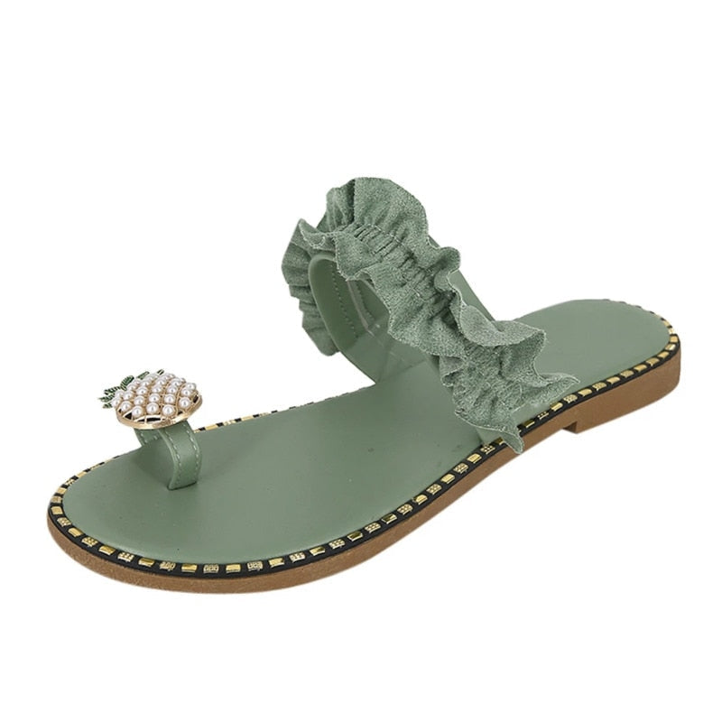 Pineapple Pearl Beach Slides Flat Toe Casual Womens Slippers by Silver Juneberry