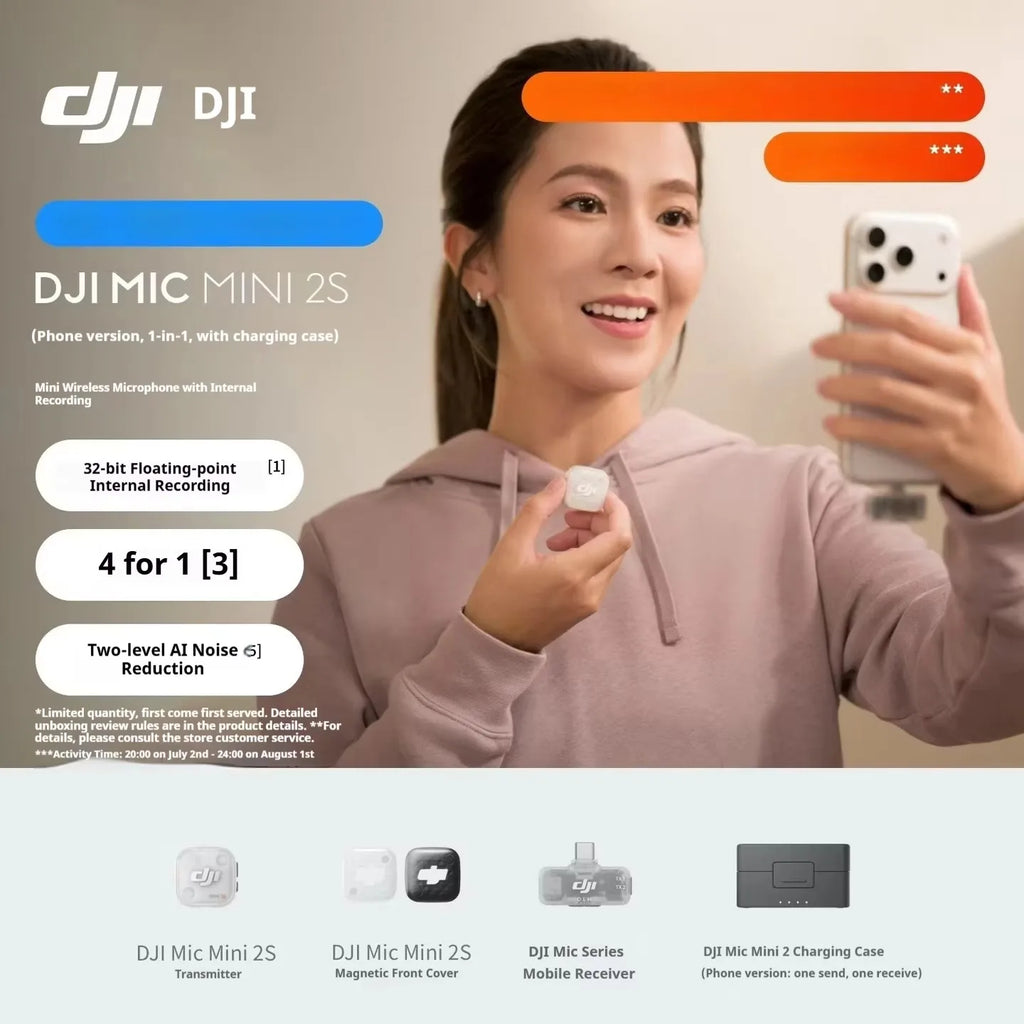For DJI Mic Mini 2S Wireless Lavalier Mic 1TX/2TX 1RX Built-in Recording 32-bit Float AI Noise Reduction Mic for Camera Phone by FLIPSTYLEZLLC
