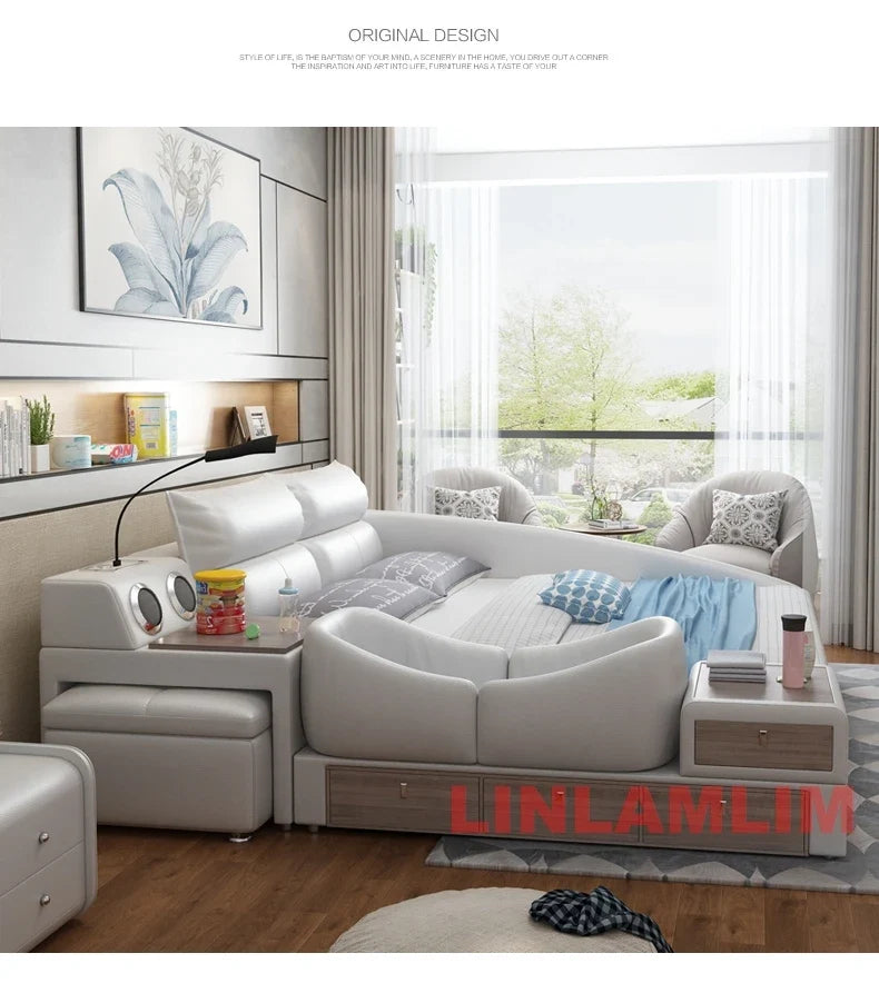 Modern Multifunctional Genuine Leather Platform Bed Frame, King Size Upholstered Family Bed with Integrated Baby Crib, Drawers by FLIPSTYLEZLLC