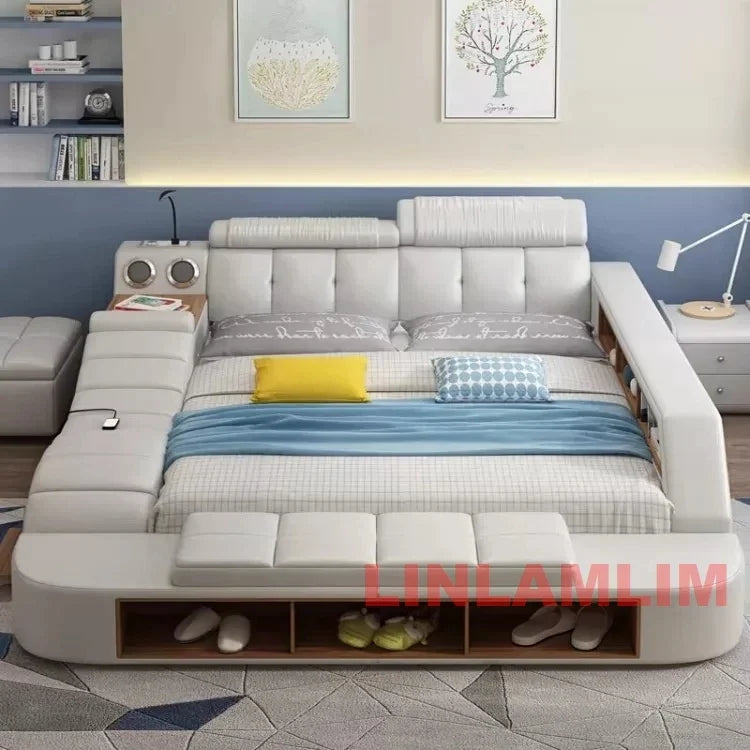 MINGDIBAO All In One Bed, Luxury Multifunctional Genuine Leather Bed Frame with Tatami, Tech Smart Ultimate Lit 2 Personnes by FLIPSTYLEZLLC