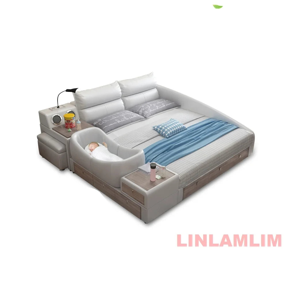 Modern Multifunctional Genuine Leather Platform Bed Frame, King Size Upholstered Family Bed with Integrated Baby Crib, Drawers by FLIPSTYLEZLLC