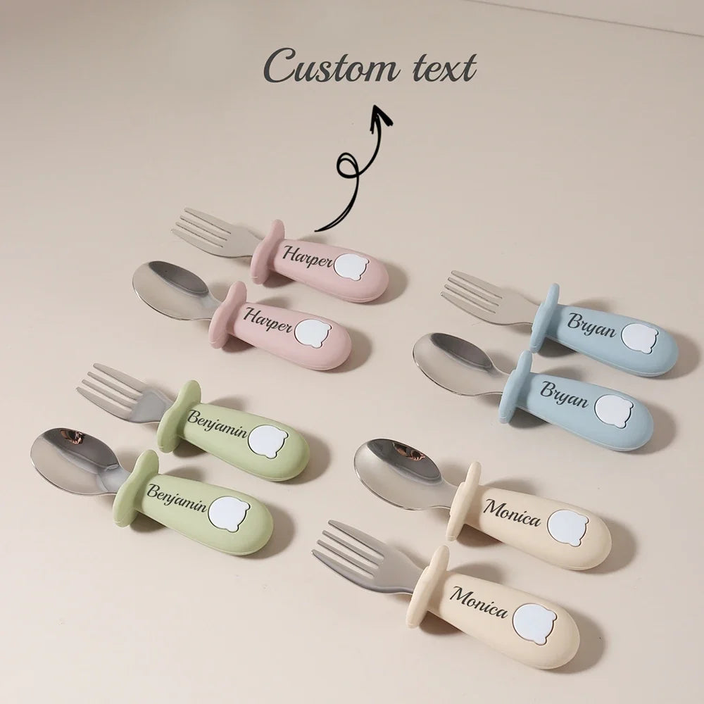 Custom Name Baby Panda Spoon Fork Set | First Self Feeding Utensils for Toddlers Stainless Steel Weaning Set with Travel Case by FLIPSTYLEZLLC