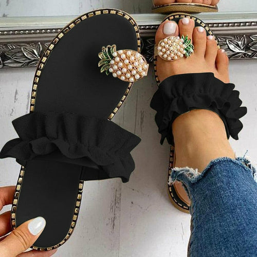 Pineapple Pearl Beach Slides Flat Toe Casual Womens Slippers by Silver Juneberry