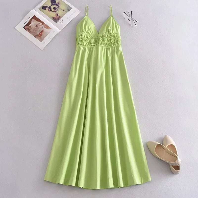 Foridol Elastic Smocking Green Cotton V Neck Summer Women's Dress Sleevless Long Green Maxi Casual Strapy Dress Solid Female by Ladyez