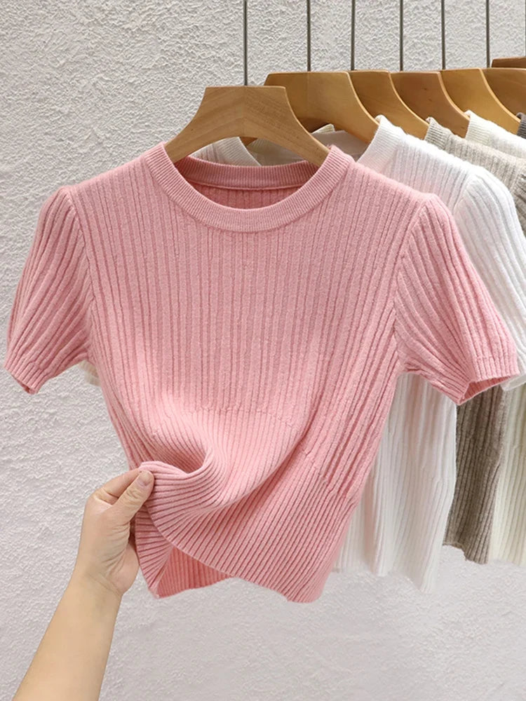 2026 Summer T shirts for Women Casual Female Korean Knit Streetwear Tees Basic Solid Young Cool Tops by Urban Fashion Icon