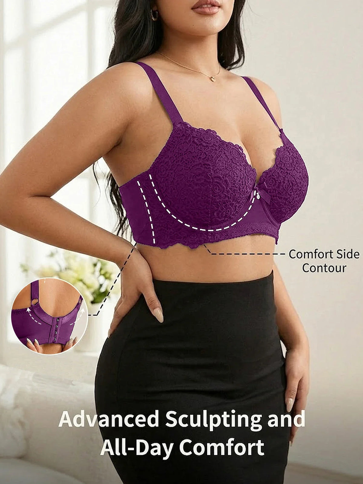 Plus Size Floral Lace Women Push-Up Bra Underwire Support Anti-Sagging Underwear Comfy Wide Straps Thin Cup Daily Lingerie Bra by Ladyez