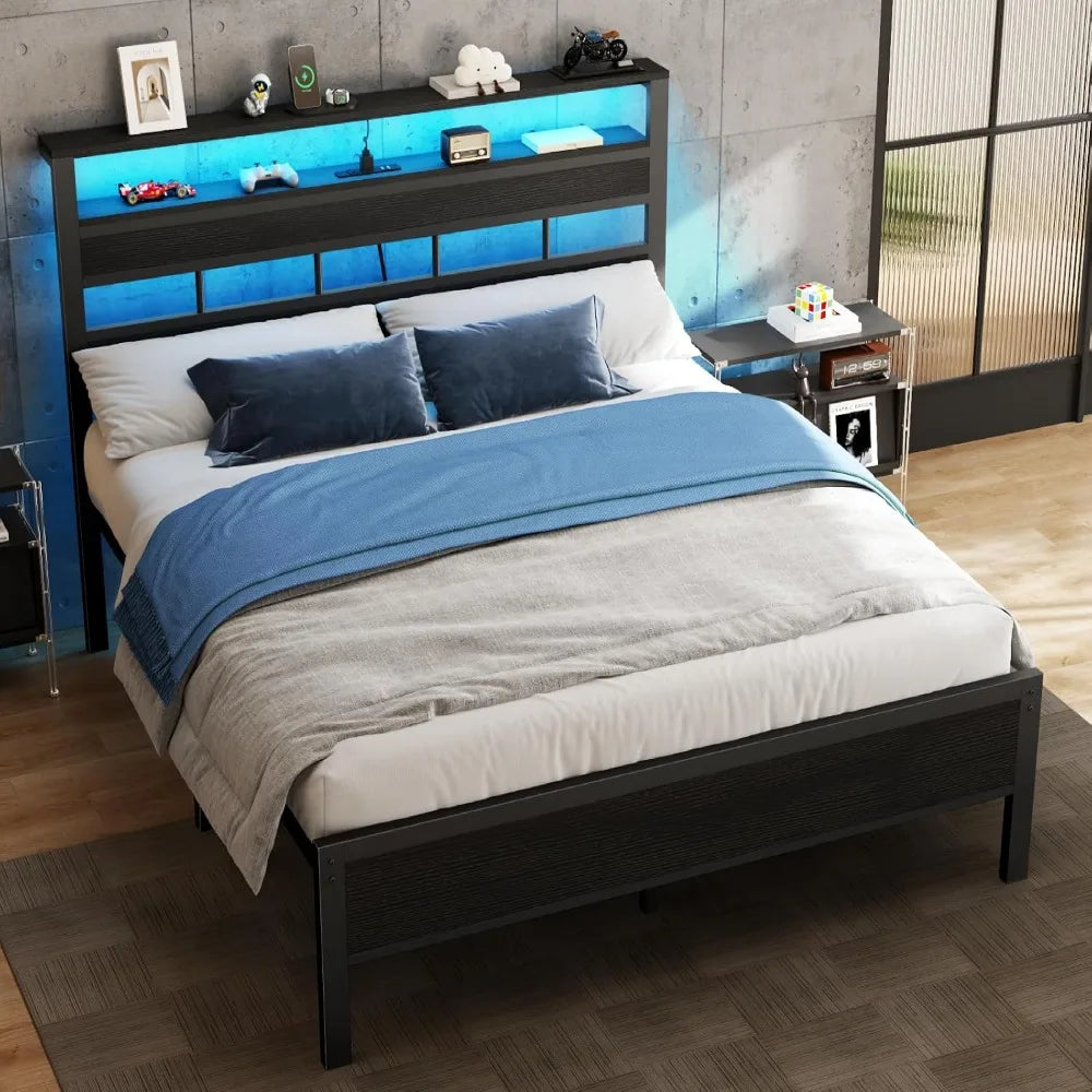 Full Bed Frame & Wood Storage Headboard,LED Light & Charging Station,2-Tier Shelves,Metal Platform,Bedroom,Full, Custom by FLIPSTYLEZLLC