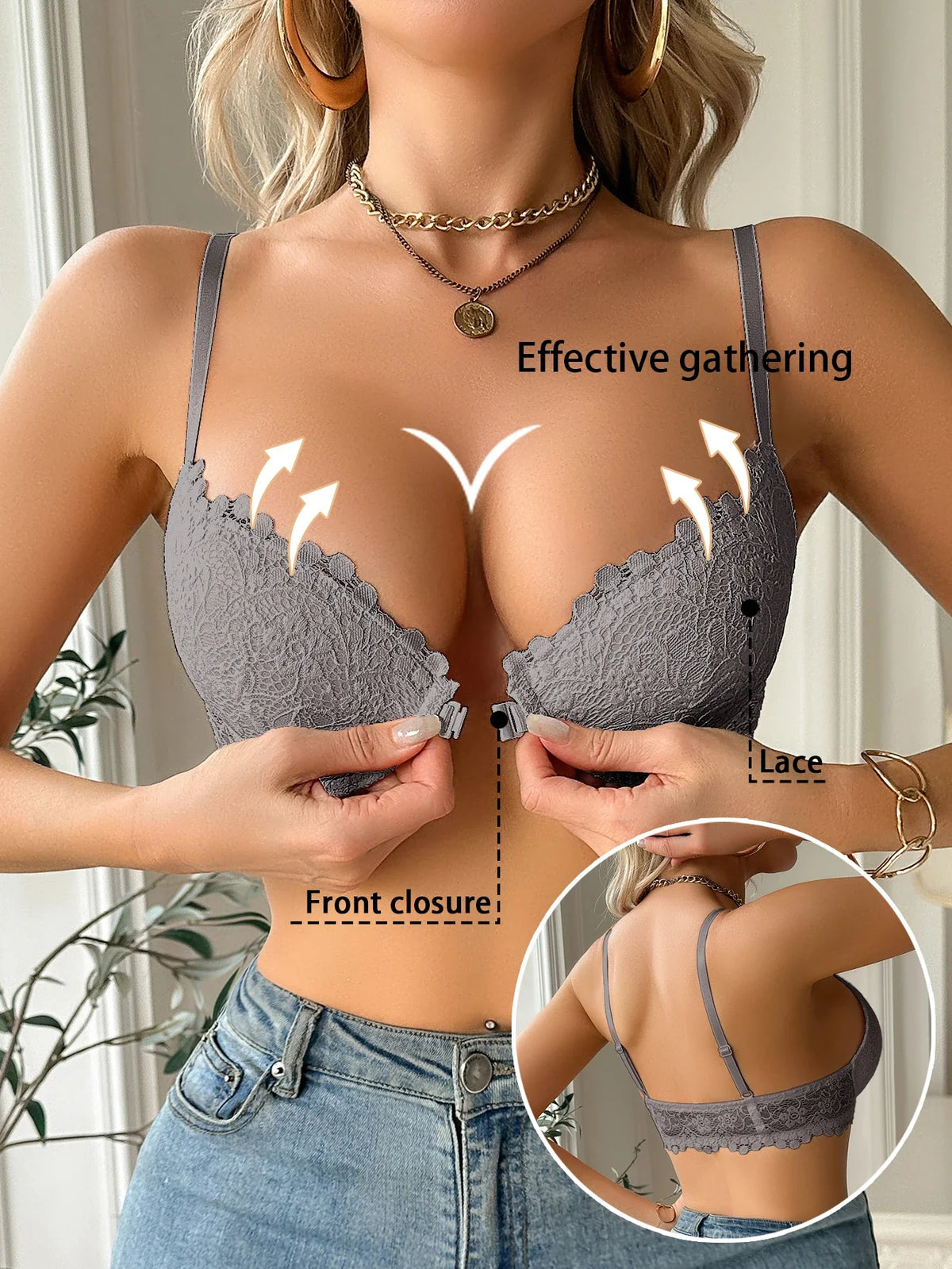 Modern Women's Lace Bra, Sexy Front-Clasp Push-Up Bra, Non-Padded, Breathable, Comfortable, Elegant, Sexy Lingerie Top by Ladyez
