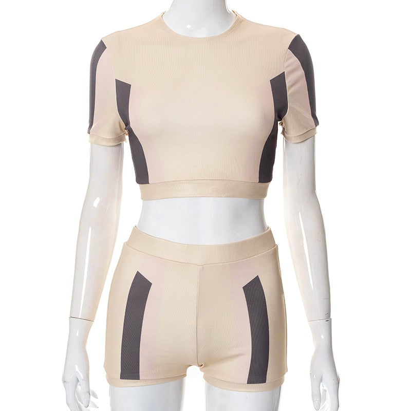 O Neck Short Sleeves Patchwork Crop T Shirt Shorts 2 Pieces Set by nowadaysfashion