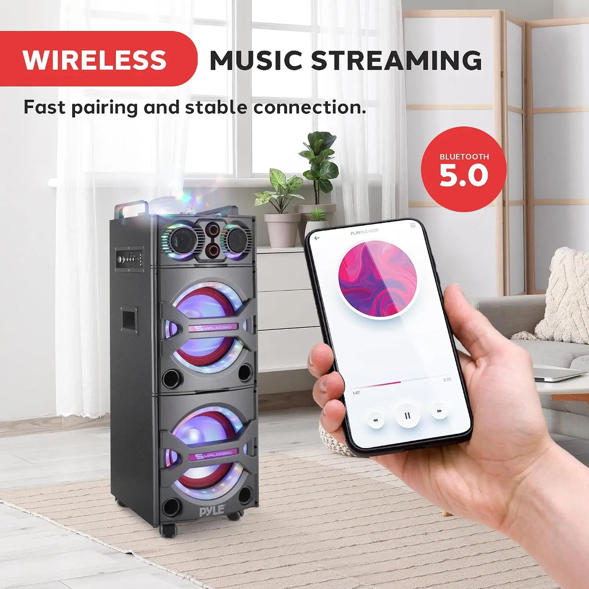 2000W Active Powered Outdoor Portable Bluetooth PA Speaker System with Party Lights, Microphone Input, USB/SD Card Reader, AUX/RCA/FM Radio, and Wheels by FLIPSTYLEZLLC