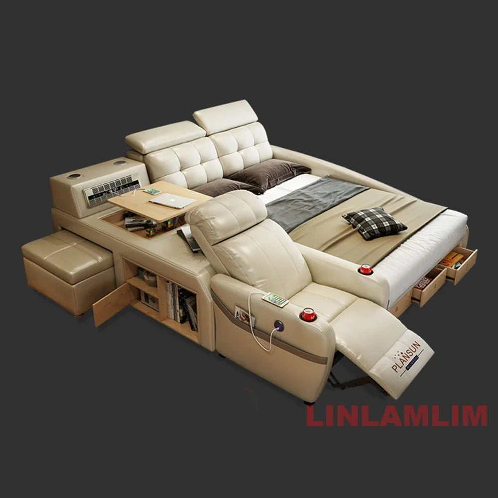 Ultimate Tech Smart Genuine Leather Bed with Massage Chair, Speaker, Air Purifier & USB – Luxury Multifunctional Platform Bed by FLIPSTYLEZLLC