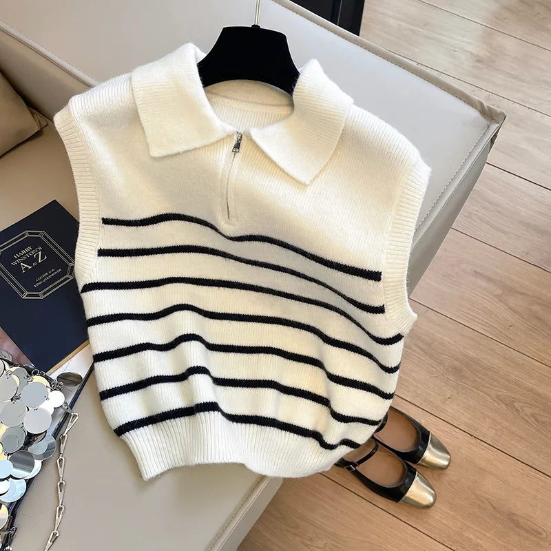 Korean Retro Lapel Zipper Stripe Knitted Vest Women Autumn Winter Sleeveless Sweater Casual 100% Polyester Pullover Outerwear by Urban Fashion Icon